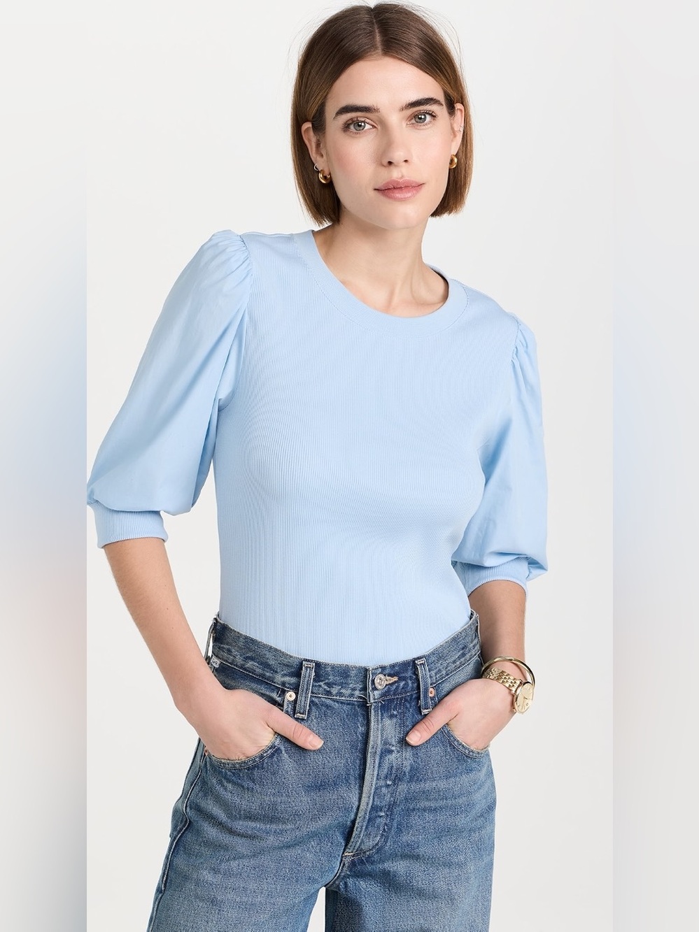 Veronica Beard Puff Sleeves Rib Slim Crew Neck Coralee Top in Lake Blue Size S